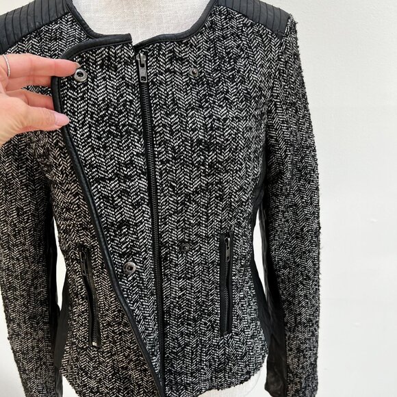 Forever 21 Black and White Wool-Blend  Herringbone Moto Jacket with Faux Leather - Picture 11 of 16